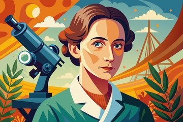 Poster - portrait of a groundbreaking woman in science, gazing through a microscope with a determined expression