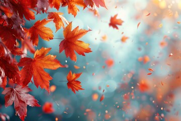 Poster - A beautiful depiction of bright orange and red maple leaves falling gracefully against a soft-focused blue background, illustrating the essence of autumn