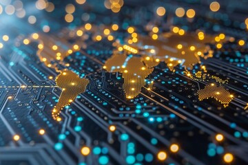 Poster - An impressive high-tech digital world map prominently displayed across a complex circuit board design