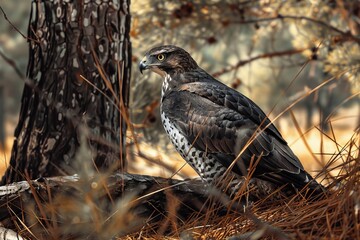 Sticker - A vigilant raptor rests among pine branches in lleida, its sharp gaze surveying the surrounding field