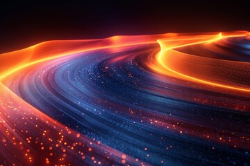 Fototapete - This image features an abstract design with glowing waves in red and blue hues, representing a union of warmth and coolness with a digital vibe