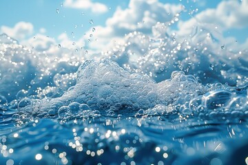 Poster - a high-resolution image capturing the effervescence of water with a backdrop of a clear blue sky, ev