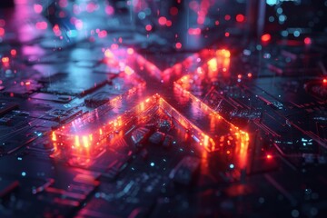 Poster - Dynamic red and blue lights form an 'X' on a technological backdrop suggesting network intersections and data exchange