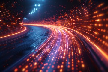 Poster - A mesmerizing visual of curved lines formed by illuminated red dots in motion, suggesting speed, connectivity, and futuristic aesthetics