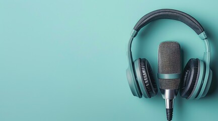 Wall Mural - Studio microphone with headphones, podcast concept.