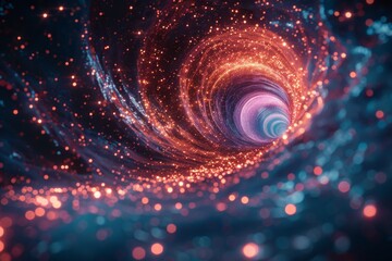 Poster - This intriguing image showcases a radiant wormhole with a spiraling effect, surrounded by a myriad of sparkling particles in a cosmic landscape