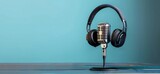 Fototapeta Kosmos - Studio microphone with headphones, podcast concept.