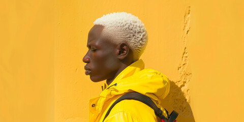 Sticker - African American man with a yellow jacket and a backpack is standing in front of a yellow wall. Male fashion model with white hair.