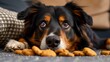 An Australian Shepherd lies on the floor at home with its nose buried in the food and looking at the milestone. Least favorite food, food not suitable for pets