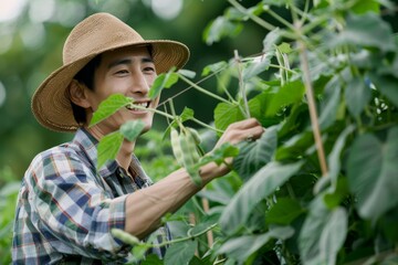 Wall Mural - Happy of young Asian farmer male looking at the long beans