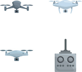 Poster - Quadrocopter icons set cartoon vector. Various drone with integrated camera. Aerial videography