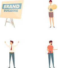 Poster - Brand building icons set cartoon vector. Business people building brand words. Reputation management