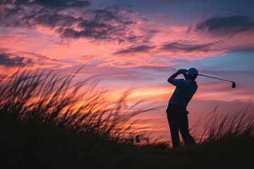 Wall Mural - Man playing golf standing on grass facing sky at dusk