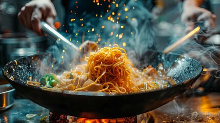 A pan with noodles and sauce being fried in the kitchen, closeup of hands holding pasta above wok on a black background, smoke from cooking.