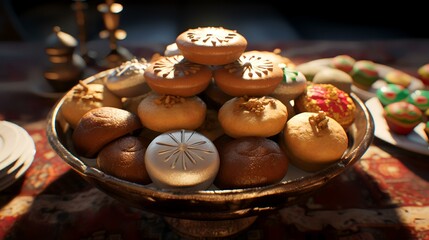 Wall Mural - Variety of traditional Arabic sweets and cookies on a plate on a table.