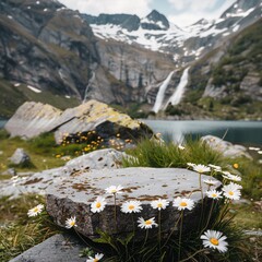 Wall Mural - Round stone pedestal with water in the background, a lake and waterfall in mountains 