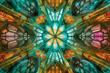 Poster - AI generated illustration of a vibrant stained glass window in cathedral