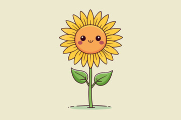 minimalist line art illustration of a single unfurling leaf with cute sunflower smiling vector