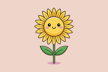 Aufkleber - minimalist line art illustration of a single unfurling leaf with cute sunflower smiling vector