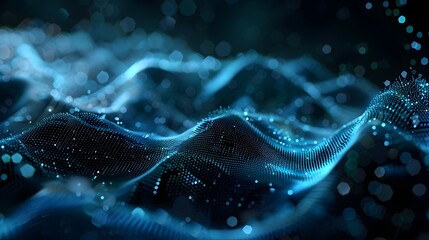 Aufkleber - Abstract blue glowing mesh with dots and lines on dark background, futuristic digital technology or science concept Abstract polygonal wave made of hexagons Big data visualization 
