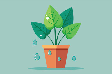 Poster - flat vector illustration of a simple houseplant with dew drops on its leaves.