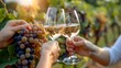 Friends toasting wine outdoors in a vineyard celebrating harvest time together. Concept Wine Tasting, Outdoor Celebration, Harvest Gathering, Friends Reunion, Vineyard Atmosphere