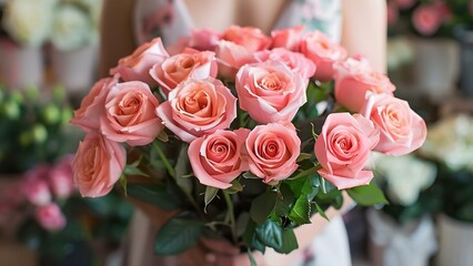 Wall Mural - A florist arranged pink roses for a woman in an elegant dress. Concept Floral Arrangement, Pink Roses, Elegant Dress, Women, Florist