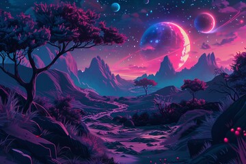 Wall Mural - Dark synthwave landscape with mountains, trees and planets in the sky 