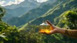 Closeup of hand holding biodiesel container with mountainous backdrop promoting ec. Concept Eco-friendly Promotion, Biodiesel Awareness, Sustainability Advocacy, Environmental Conservation