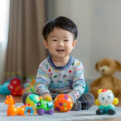 A delightful 1-2 year old Chinese child sits on the floor, engrossed in play with colorful toys, radiating happiness and innocence