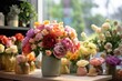 Various flowers in vases decorate the table beautifully