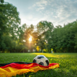 Fototapeta  -  Soccer ball sunset with german flag at the soccer field - Football in the sunset
