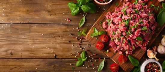 Wall Mural - Fresh, raw ground beef on a wooden cutting board, mixed with seasonings, herbs, and vegetables, seen from above.