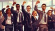 Group of business professionals with raised fists, celebrating a success or achievement in a corporate environment. hyper realistic 