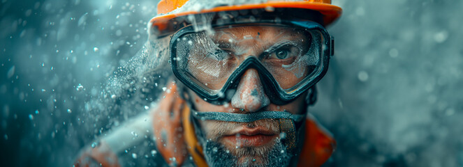 Skilled construction worker shielded by premium dust mask, maneuvering through glass wool debris at job site