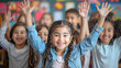 © Nataliia - Joyful Classroom Celebration. Smile little girl with dark braided hair and light blue denim jacket is raising her arms high, in an act of participation or celebration at school