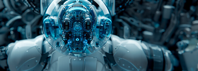 Sticker - Blue Cyber AI: The Futuristic Machine Trilogy Captured in a Transparent Studio Setting