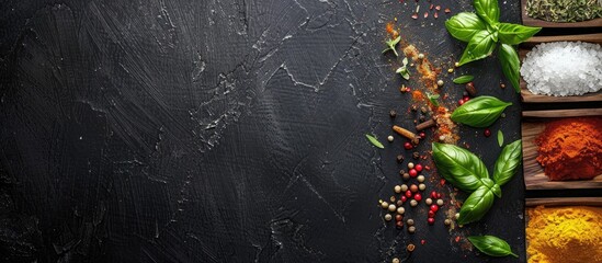 Wall Mural - Spices and herbs displayed on a wooden board, including pepper, salt, paprika, basil, and turmeric, set against a black wooden chalkboard in a top-down view with available blank space.