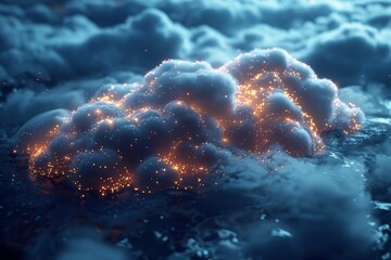 Poster - Spectacular digital art showing a cloud illuminated with a warm glow and particles, depicting a fusion of technology and nature