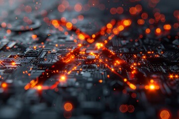 Wall Mural - This image depicts a close-up of an electronic circuit board with vibrant red and orange lights suggesting activity or energy flow