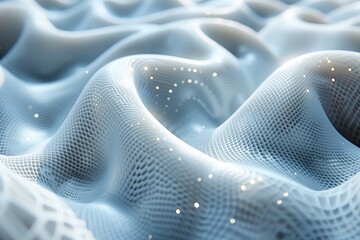Poster - A three-dimensional blue landscape with flowing waves accented by glowing light particles, creating a soft, serene atmosphere