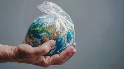Wall Mural - Dynamic ecology global warming concept wonder human hand holding dimensions the Earth in an open plastic bag against grey background