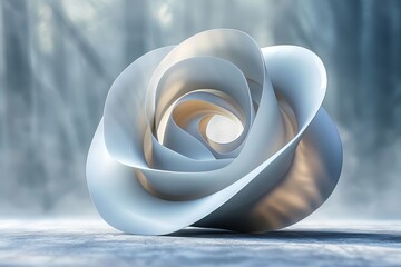 Poster - A 3D white swirling abstract sculpture with a smooth surface and a blurred snowy forest background, reflecting a sense of calm and creativity