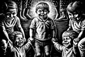 Black and white vector illustration of smiling kids