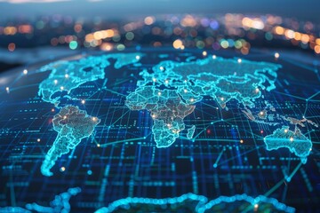 Poster - A detailed depiction of a global map with illuminated countries showcasing a digital and modern representation of the world