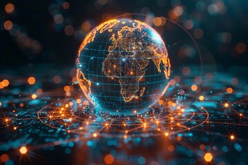 Poster - A 3D representation of the globe with glowing network lines, symbolizing global connectivity and technology
