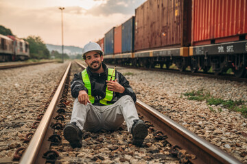 Wall Mural - Supervisor inspecting inventory or task information on freight train cars and shipping containers. This pertains to logistics, including the import and export sectors.