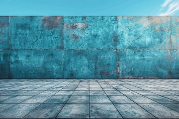 Poster - This image displays a textured blue wall with visible cracks and a matching floor, depicting age and weathering, suitable for a rustic backdrop