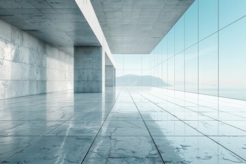 Poster - An interior view of a modern architectural structure with glass reflections and concrete walls, showcasing an elegant and clean design