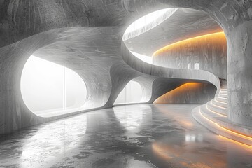 Poster - An eloquent interior design that showcases curving concrete structures with soft lighting in a futuristic setting